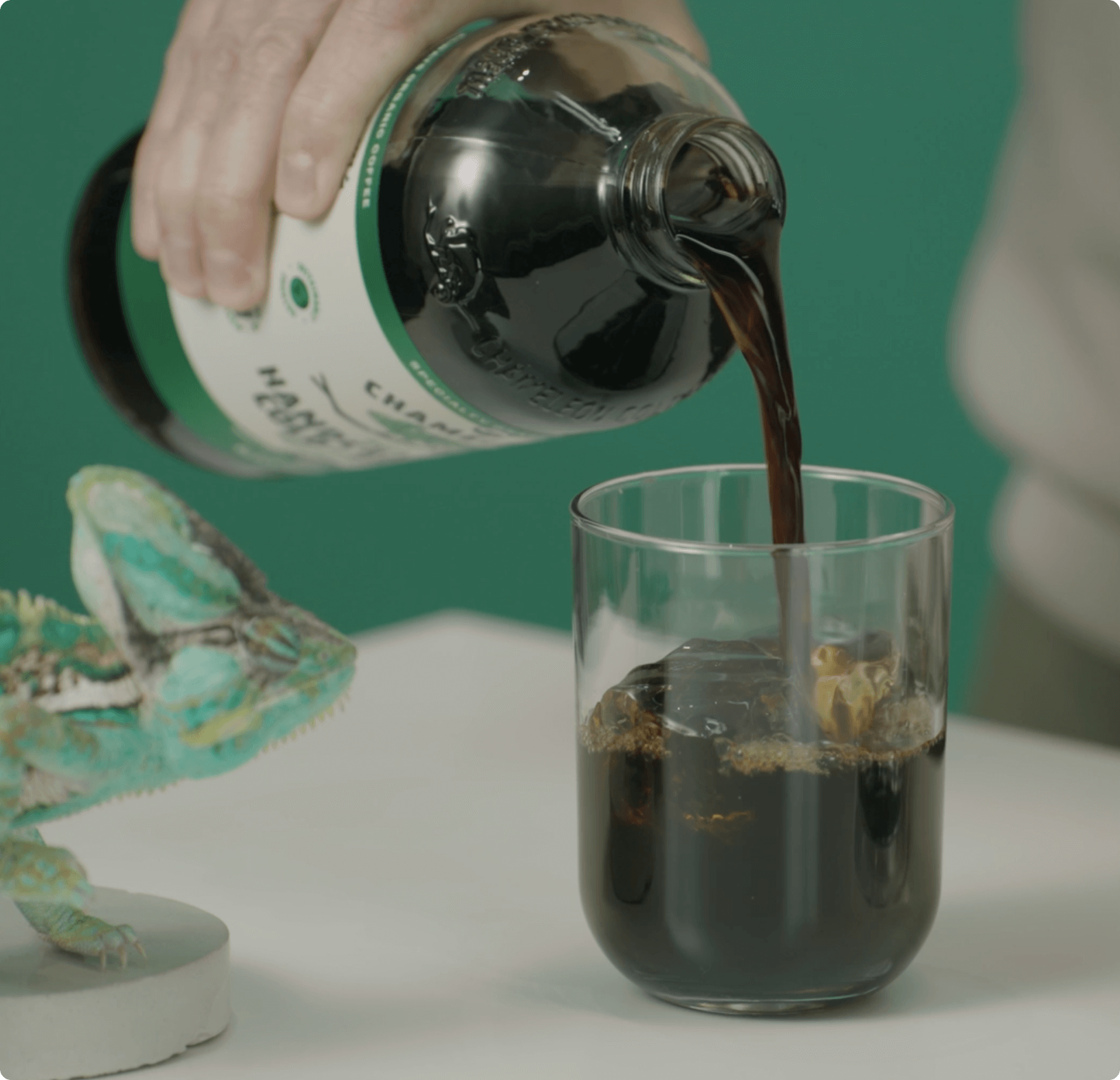 A person pouring coffee into a glass with a lizard perched on top, creating a unique and unexpected scene.